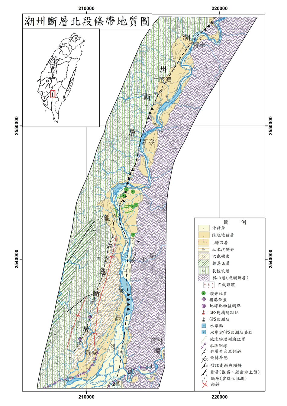 潮州斷層條帶地質圖。A：北段