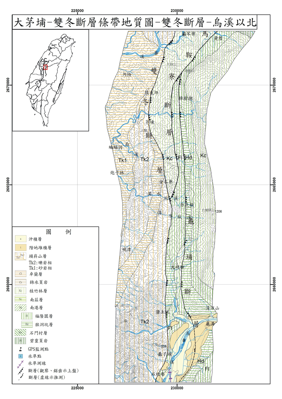 大茅埔－雙冬斷層條帶地質圖。B：雙冬斷層，烏溪以北