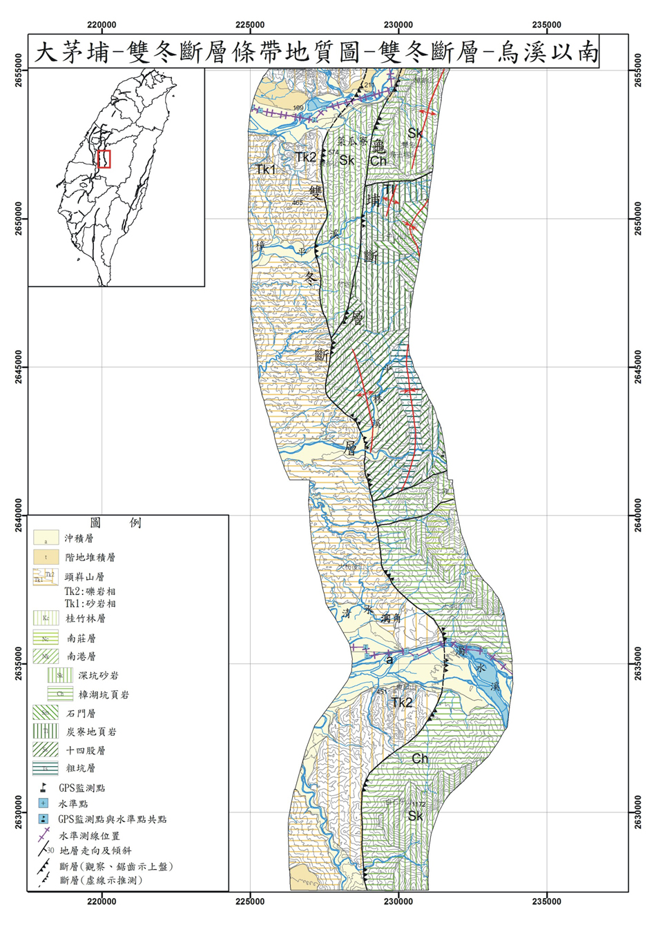 大茅埔－雙冬斷層條帶地質圖。C：雙冬斷層，烏溪以南